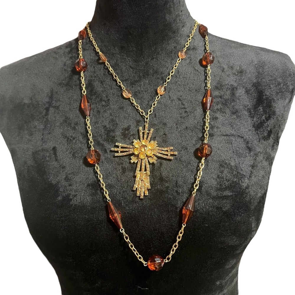 Vintage Gold Tone Brutalist Renaissance Cross Pendant Necklace‎ with Amber Beads